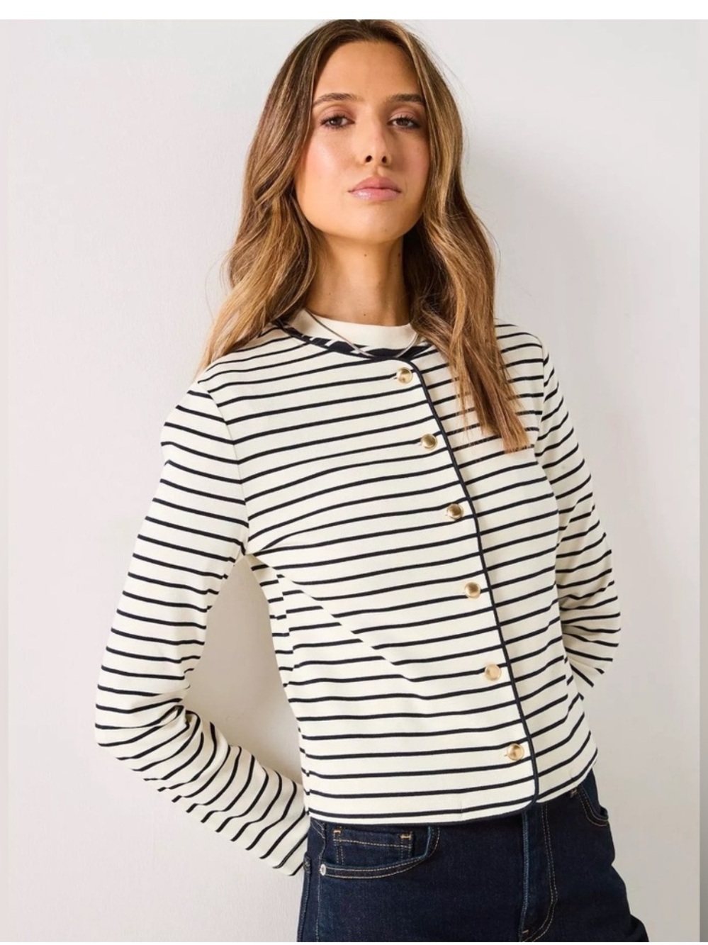 Mango Ecru and Black Striped Long-Sleeve Button Cardigan